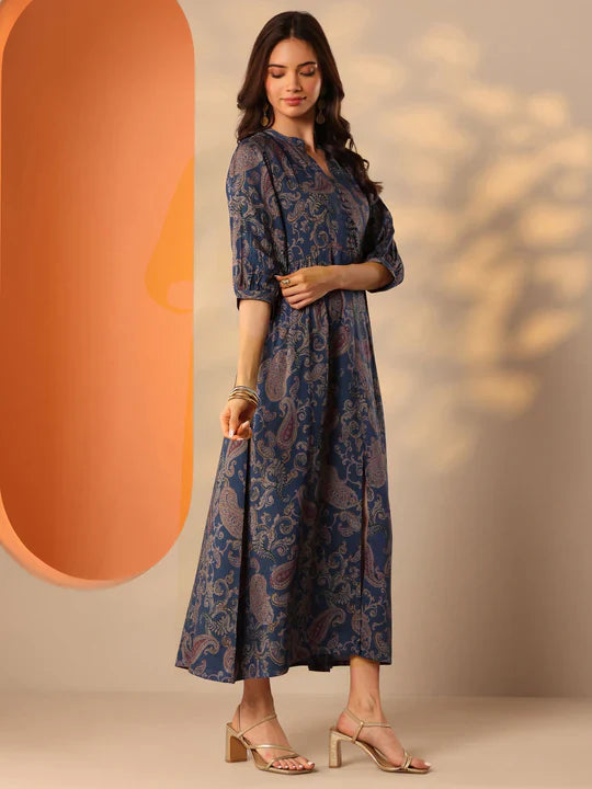 Blue Printed Rayon Fit And Flare One Piece Dress