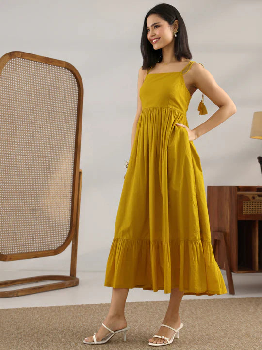 Mustard Solid Cotton Fit And Flare One Piece Dress