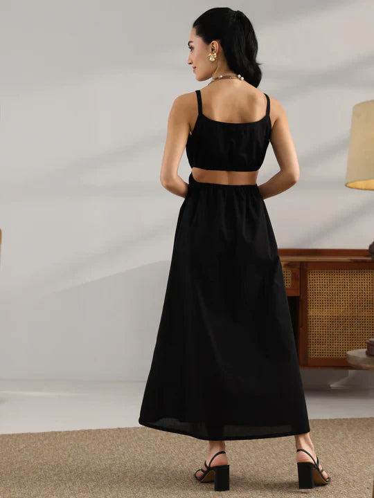 Black Solid Cotton Cut Out Fit And Flare One Piece Dress