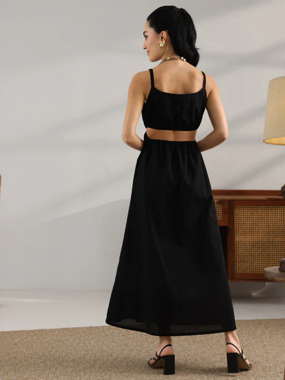 Black Solid Cotton Cut Out Fit And Flare One Piece Dress