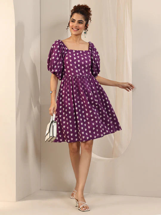 Purple Printed Cotton Fit and Flare One Piece Dress