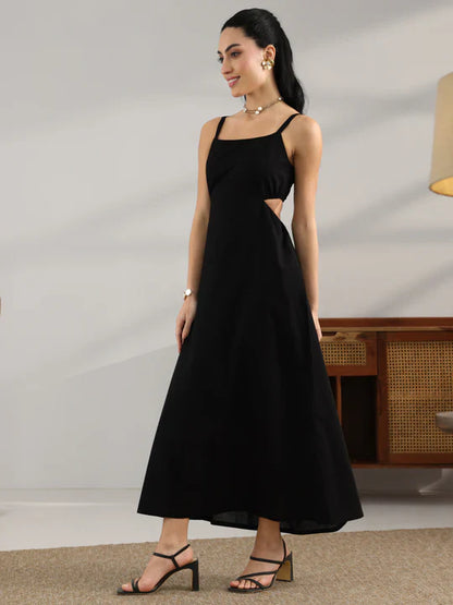 Black Solid Cotton Cut Out Fit And Flare One Piece Dress