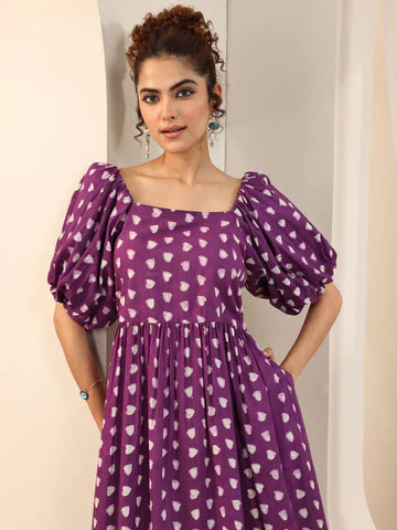 Purple Printed Cotton Fit and Flare One Piece Dress
