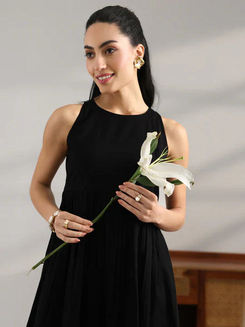 Black Solid Cotton Cut Out Fit And Flare One Piece Dress