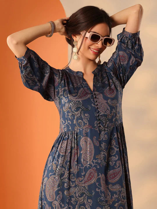 Blue Printed Rayon Fit And Flare One Piece Dress