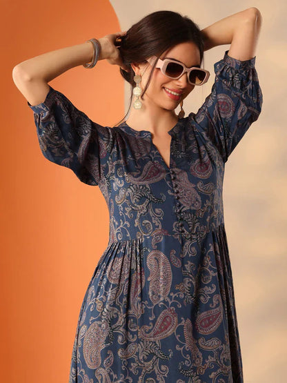 Blue Printed Rayon Fit And Flare One Piece Dress