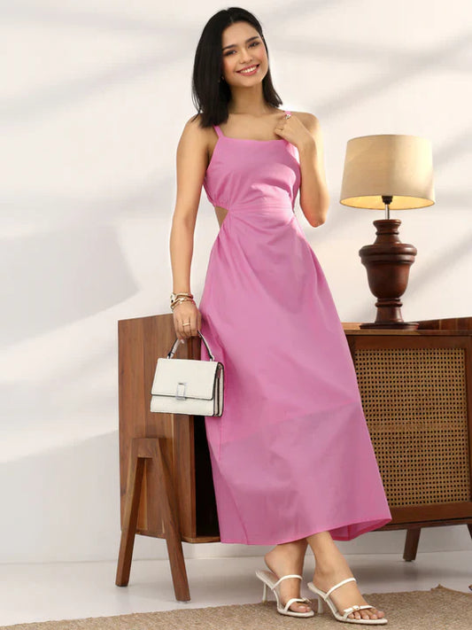 Pink Solid Cotton Cut Out Fit And Flare One Piece Dress