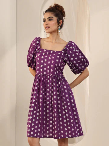 Purple Printed Cotton Fit and Flare One Piece Dress