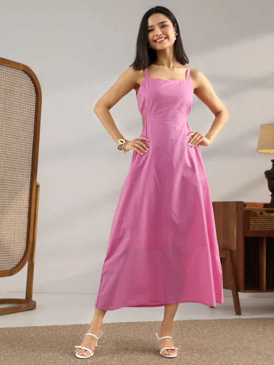 Pink Solid Cotton Cut Out Fit And Flare One Piece Dress