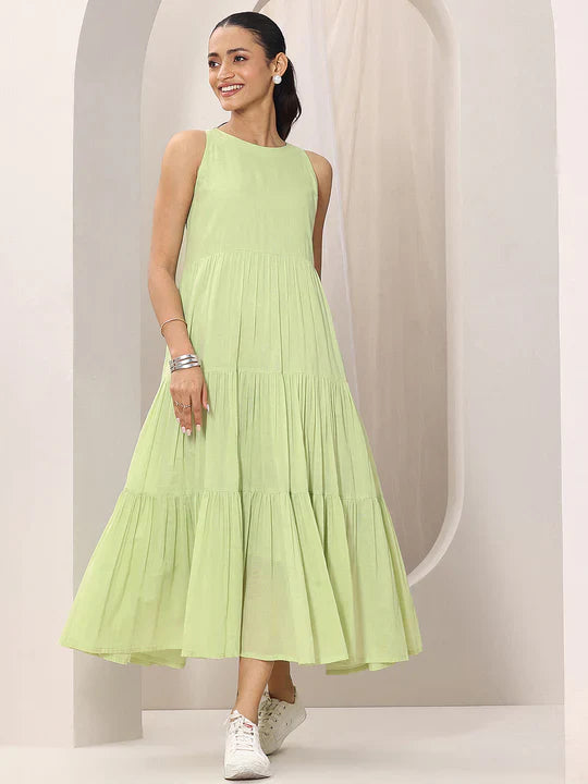 Green Solid Cotton Tiered Fit and Flare One Piece Dress