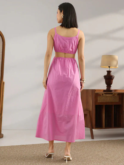 Pink Solid Cotton Cut Out Fit And Flare One Piece Dress