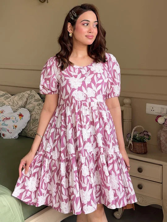 Purple Printed Cotton Fit and Flare One Piece Dress