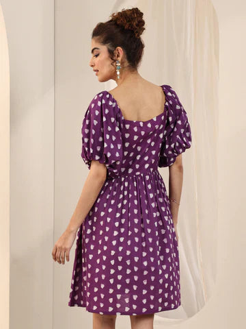 Purple Printed Cotton Fit and Flare One Piece Dress