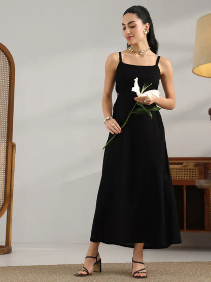Black Solid Cotton Cut Out Fit And Flare One Piece Dress