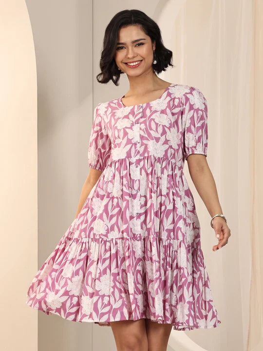 Purple Printed Cotton Fit and Flare One Piece Dress