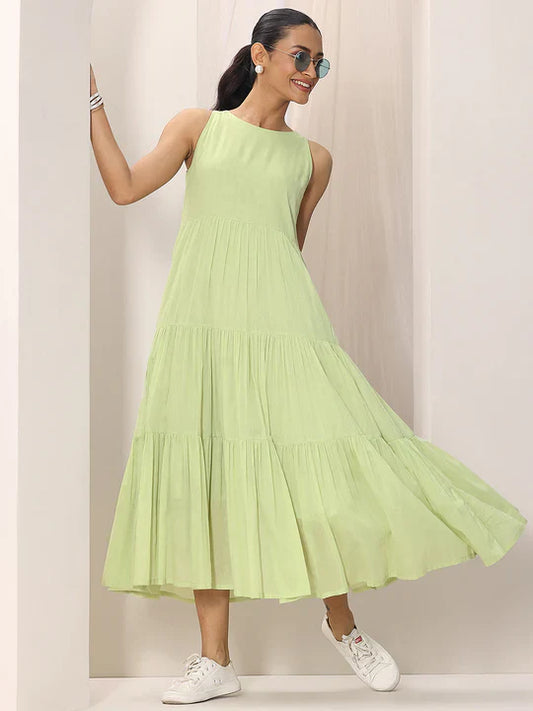 Green Solid Cotton Tiered Fit and Flare One Piece Dress