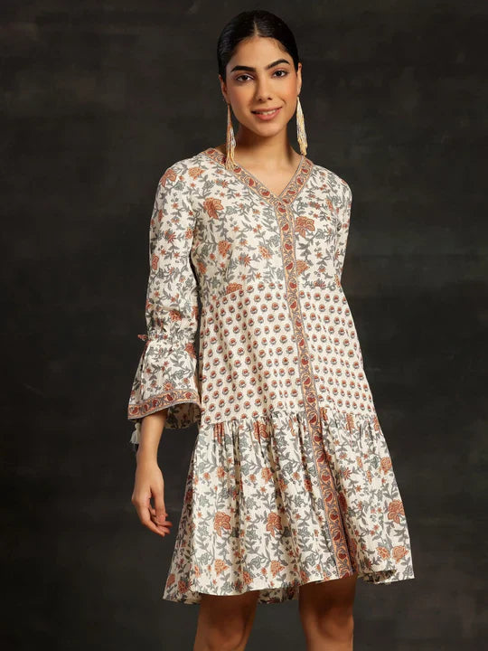 Beige Printed Cotton A-Line Dress