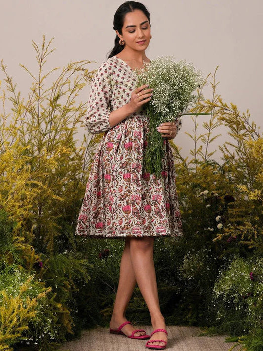 Beige Printed Cotton A-Line Dress