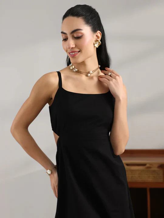Black Solid Cotton Cut Out Fit And Flare One Piece Dress