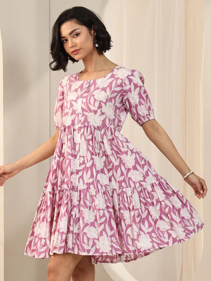 Purple Printed Cotton Fit and Flare One Piece Dress