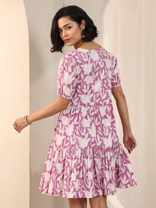 Purple Printed Cotton Fit and Flare One Piece Dress