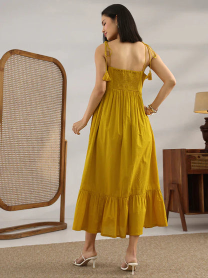 Mustard Solid Cotton Fit And Flare One Piece Dress
