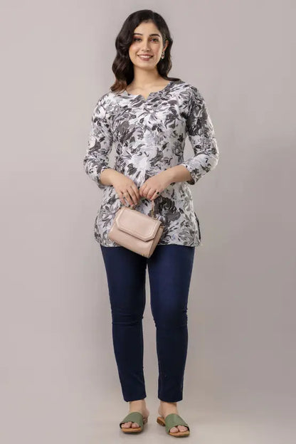 Women Printed Cotton Blend Straight Kurta  (Grey)