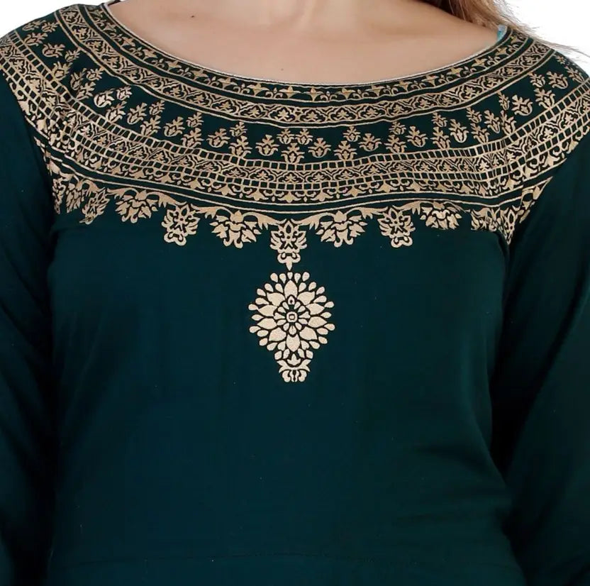 Women Printed Viscose Rayon Anarkali Kurta With Attached Dupatta  (Dark Green)