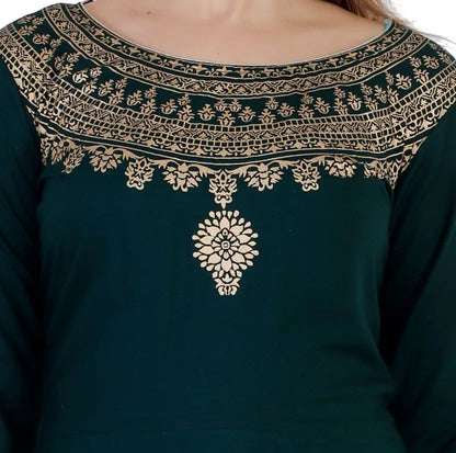 Women Printed Viscose Rayon Anarkali Kurta With Attached Dupatta  (Dark Green)