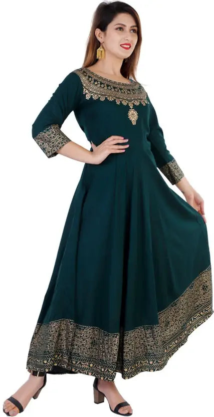 Women Printed Viscose Rayon Anarkali Kurta With Attached Dupatta  (Dark Green)